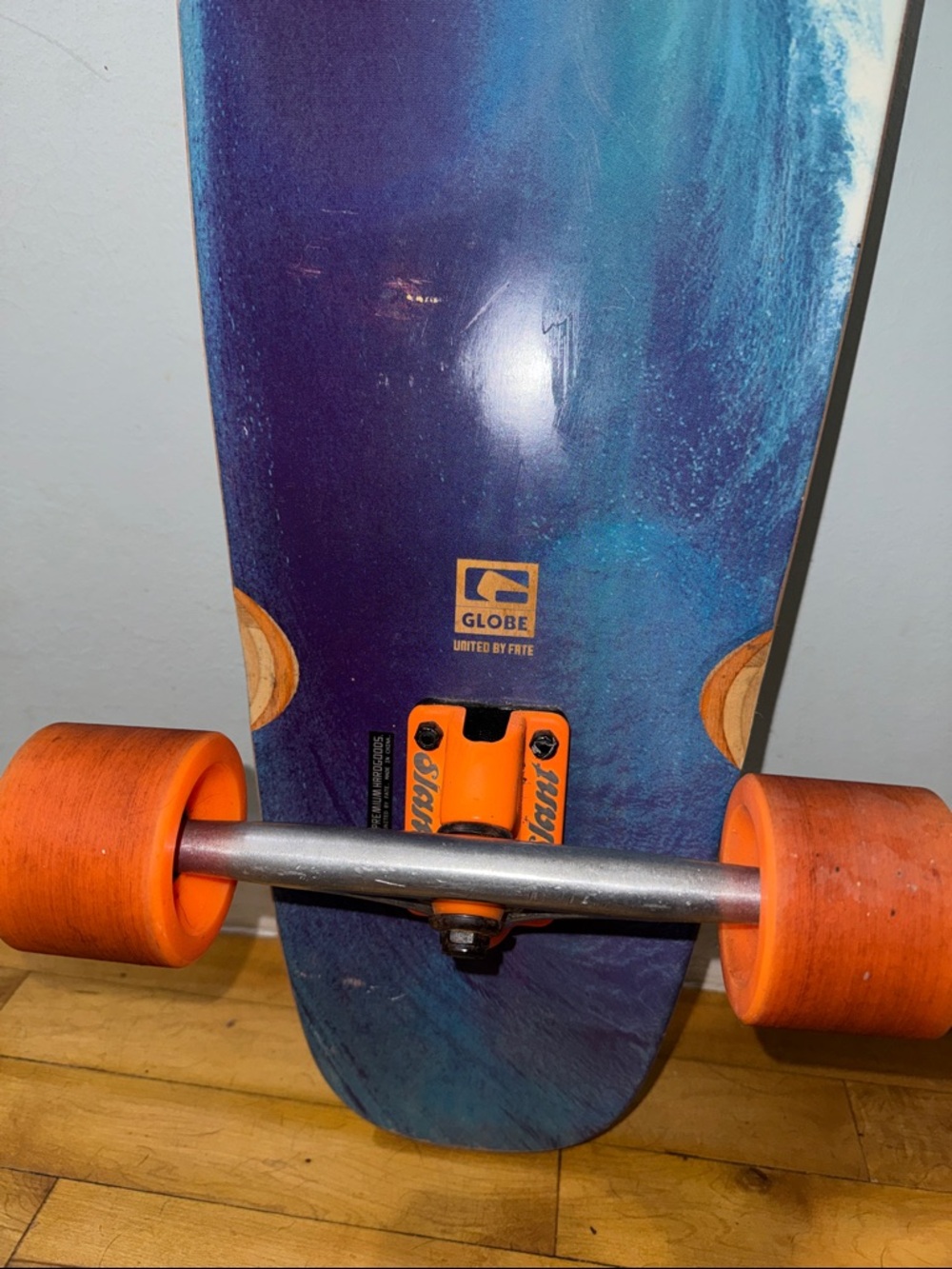 Globe Longboard with Blue Wave Deck and Orange Wheels - Picture 3 of 8